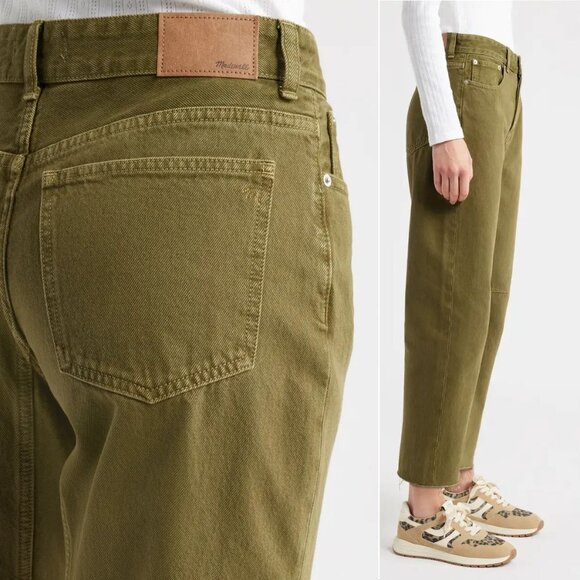 Madewell Darted Barrel Leg JEANS Size 25 Kale Green Denim Raw Hem NEW $148 - Picture 3 of 13